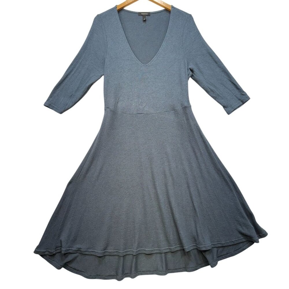 Torrid Womens Blue V-Neck Knit Dress Size 1 Blue High-Low Hem 3/4 Sleeve
